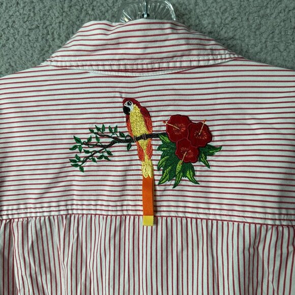 Bechamel 2X Red White Stripe Button Shirt Parrot‎ Floral Embroidered Cotton Top - Picture 11 of 13